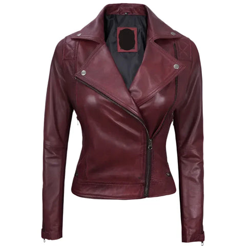 Real Lambskin Leather Maroon Moto Jacket