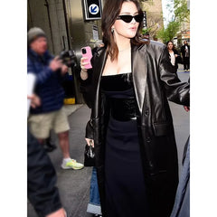 Selena Gomez Black Leather Coat