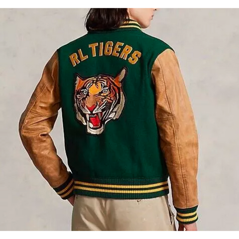 Tiger Leather Wool Letterman Varsity Jacket