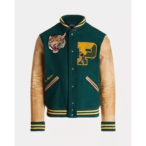 Tiger Leather Wool Letterman Varsity Jacket