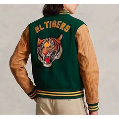 Tiger Leather Wool Letterman Varsity Jacket