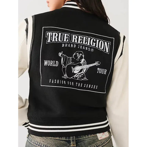 True Religion Women Embroidered Patch Varsity Jacket