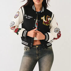 True Religion Women Embroidered Patch Varsity Jacket