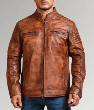 Mens Waxed Sheepskin Fashion Leather Jacket Elegant Brown