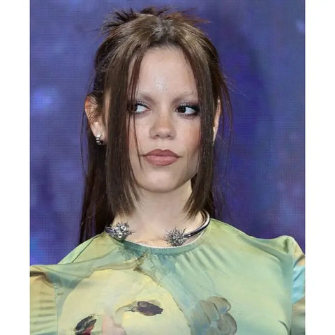 Wednesday S02 Press Conference Jenna Ortega Green Printed Top