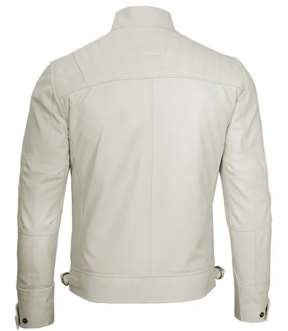 Mens Off White Cafe Racer Leather Jacket | Quilted Detailing