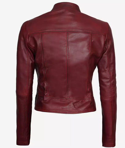 Womens Maroon Leather Cafe Racer Jacket