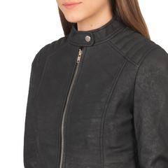 Kelsee Distressed Leather Biker Jacket Women, Black
