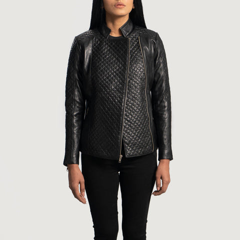 Womens Biker Quilted Leather Black Jacket