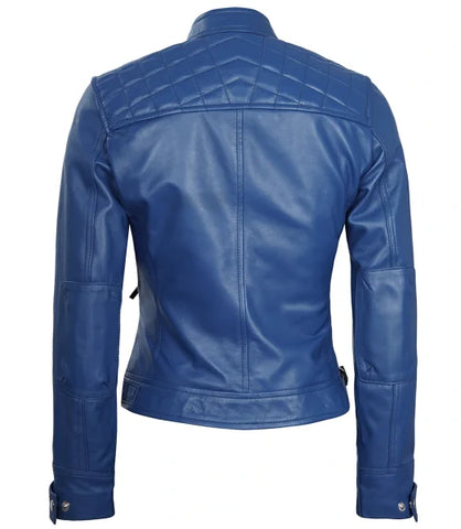 Women’s Blue Fitted Biker Leather Jacket | Quilted Pattern