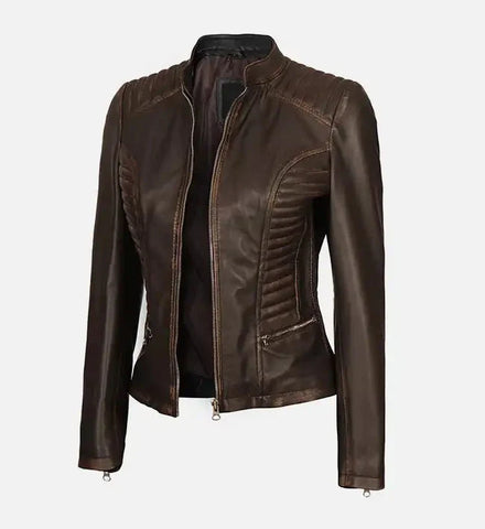 Women’s Fashionable Dark Brown Cafe Racer Leather Jacket