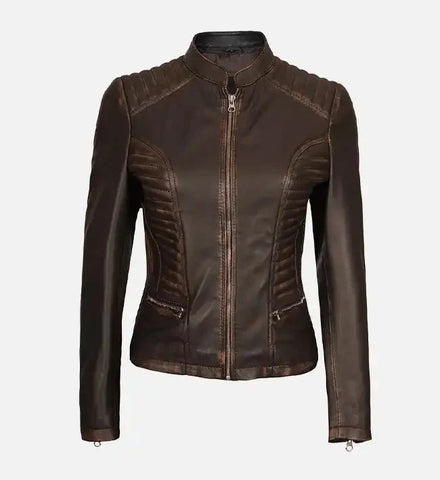 Women’s Fashionable Dark Brown Cafe Racer Leather Jacket