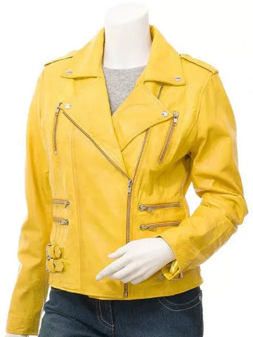 Womens Yellow Leather Biker Jacket
