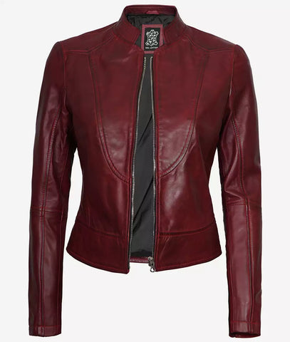 Womens Maroon Leather Cafe Racer Jacket