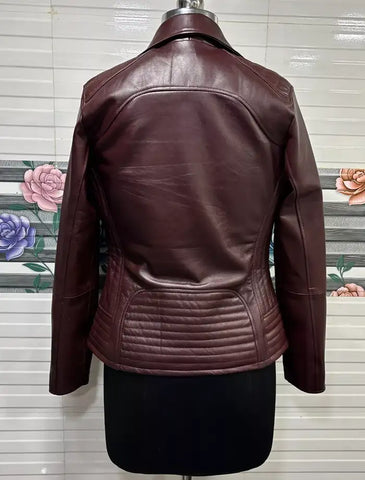 Zaina Women Burgundy Biker Leather Jacket