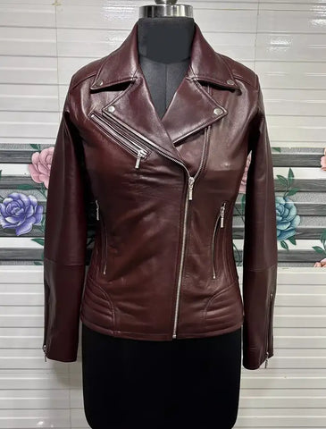 Zaina Women Burgundy Biker Leather Jacket