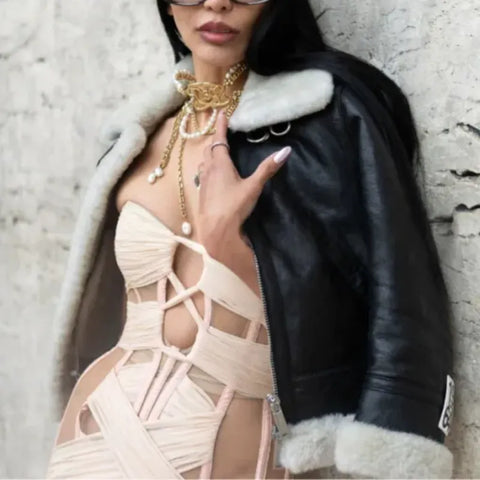 Zarina Yeva Paris Fashion Week Shearling Leather Jacket