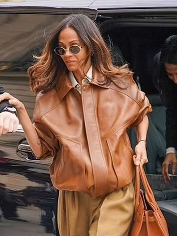 Zoe Saldaña  Brown Leather Jacket
