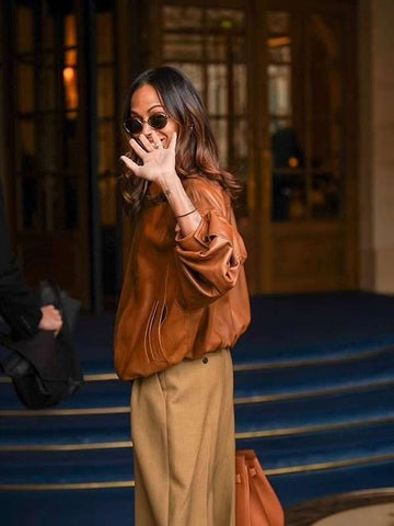 Zoe Saldaña  Brown Leather Jacket