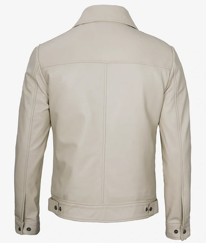Men's Classic Shirt Collar Beige Leather Jacket