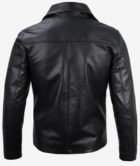 Mens Black Shirt Collar Cowhide Leather Jacket