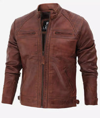 Men's Cafe Racer Cognac Leather Jacket - Quilted Shoulder