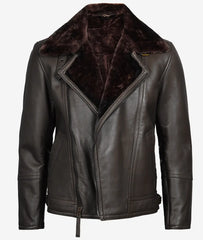 Men's Shearling Lined Dark Brown Moto Leather Jacket