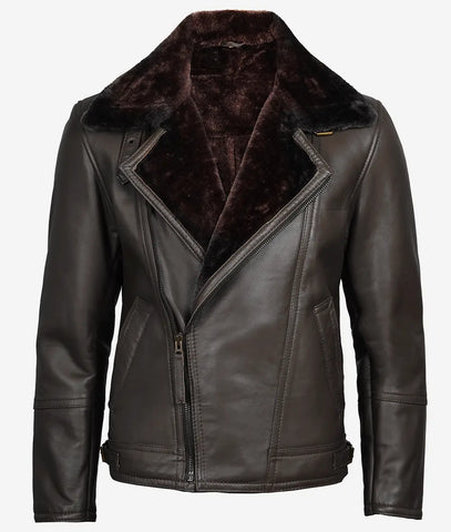 Men's Shearling Lined Dark Brown Moto Leather Jacket