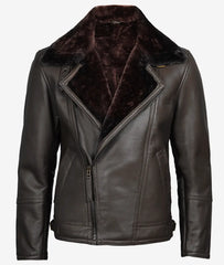 Men's Shearling Lined Dark Brown Moto Leather Jacket