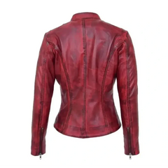 Women Distressed Red Leather Jacket