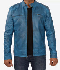 Mens Real Lambskin Leather Blue Cafe Racer Jacket