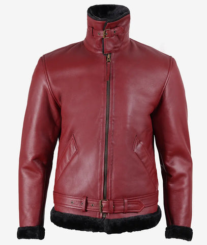 Men's Maroon Leather Shearling Bomber Jacket