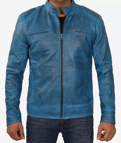 Mens Real Lambskin Leather Blue Cafe Racer Jacket