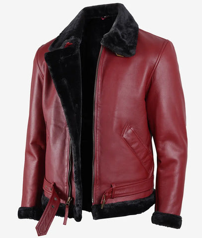 Men's Maroon Leather Shearling Bomber Jacket