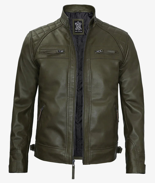 Mens Quilted Shoulder Military Green Cafe Racer Leather Jacket