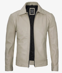 Men's Classic Shirt Collar Beige Leather Jacket