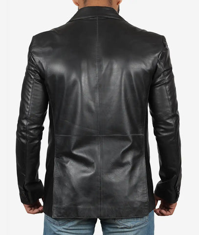 Mens Black Leather Blazer Jacket - Stylish Two Button Notch Lapel Blazer