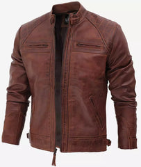 Men's Cafe Racer Cognac Leather Jacket - Quilted Shoulder