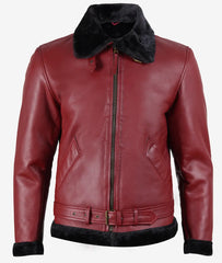Men's Maroon Leather Shearling Bomber Jacket