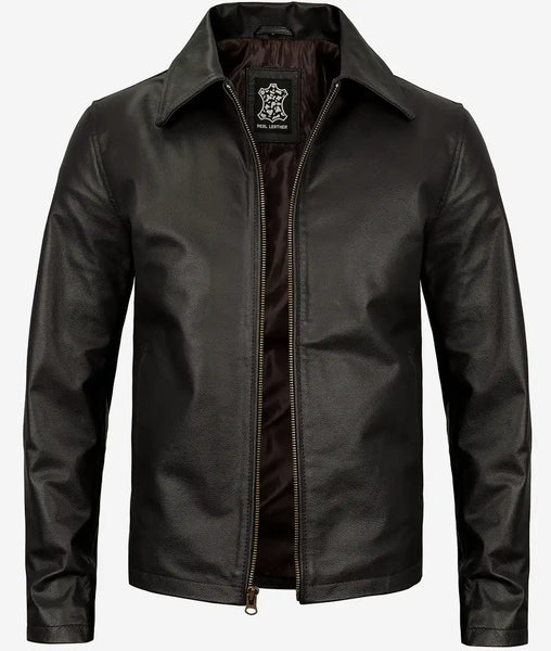 Men's Dark Black Leather Jacket with Shirt Collar