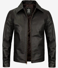 Men's Dark Black Leather Jacket with Shirt Collar