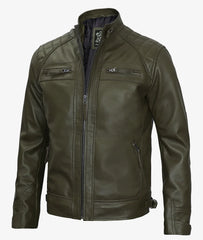 Mens Quilted Shoulder Military Green Cafe Racer Leather Jacket