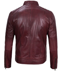 Men's Maroon Leather Cafe Racer Motorcycle Jacket