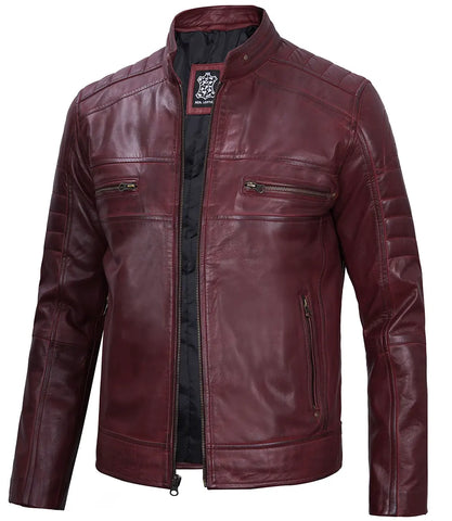 Men's Maroon Leather Cafe Racer Motorcycle Jacket