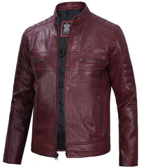 Men's Maroon Leather Cafe Racer Motorcycle Jacket