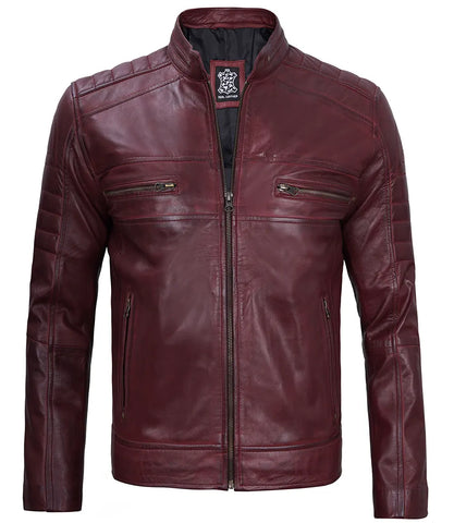 Men's Maroon Leather Cafe Racer Motorcycle Jacket