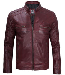 Men's Maroon Leather Cafe Racer Motorcycle Jacket