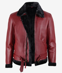 Men's Maroon Leather Shearling Bomber Jacket