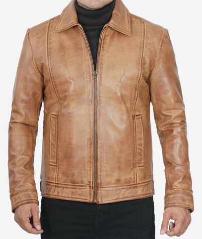 Mens Shirt Collar Leather Jacket Brown