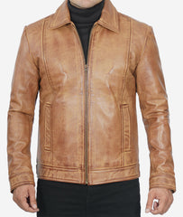 Mens Shirt Collar Leather Jacket Brown